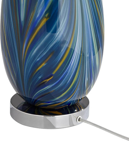 Possini Euro Design Pablo Modern Style 3-Way Table Lamp with Table Top Dimmer 27" Tall Multi Color Blue Art Glass Fabric Drum Shade for Living Room Bedroom Bedside Nightstand Home (Color May Vary)