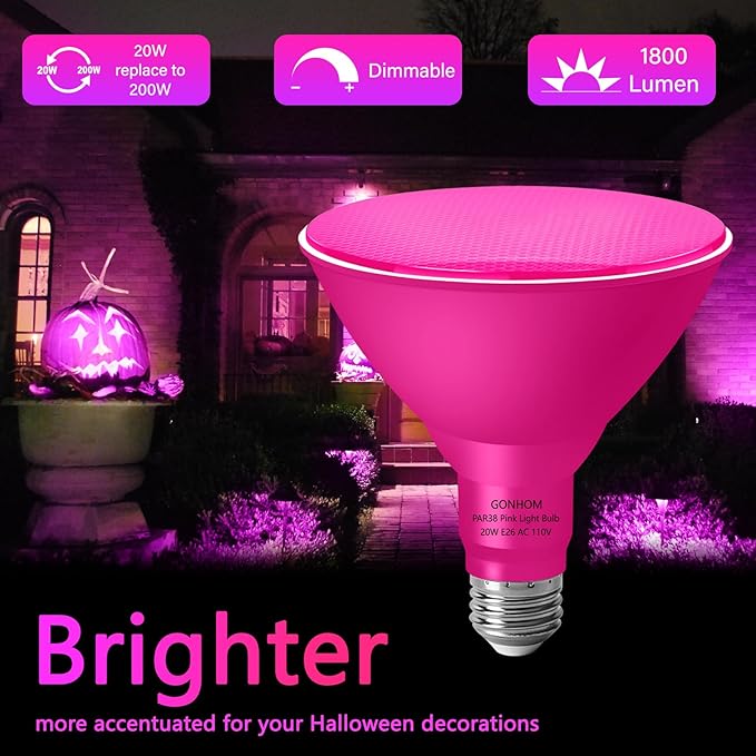 PAR38 Flood Lights Outdoor,Dimmable LED Flood Light Bulbs,20W(Equivalent to 200W),E26 Base,Outdoor Porch,Holiday Lighting,LED Flood Light Bulb for Halloween,Christmas,4 Pack Pink
