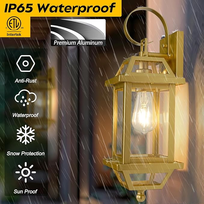2-Pack Gold 18" Dusk to Dawn Outdoor Wall Lights, Large Golden Outside Modern Wall Light Fixtures, ETL Listed Outdoor Wall Sconces for Outside House Porch Patio