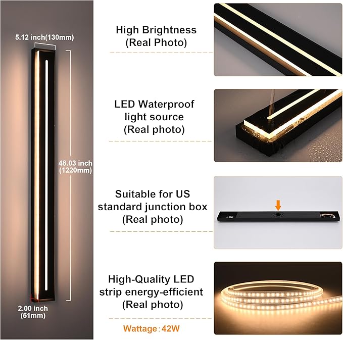 VINLUZ 2 Pack Linear Modern Outdoor Wall Light, 48inch Warm White Outdoor LED Long Waterproof Wall Sconce, Acrylic External Wall Mounted Fixtures for Porch Terrace and Garage Doors