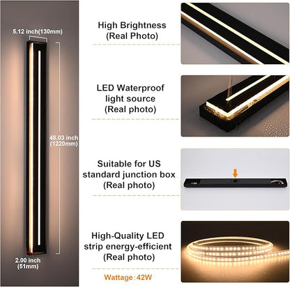 VINLUZ 2 Pack Linear Modern Outdoor Wall Light, 48inch Warm White Outdoor LED Long Waterproof Wall Sconce, Acrylic External Wall Mounted Fixtures for Porch Terrace and Garage Doors