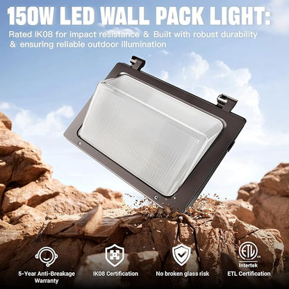 150W LED Wall Pack with Photocell Dusk to Dawn 5000K Waterproof Commercial Outdoor Light Fixture 22500lm 120-277V Equivalent,Energy Save Flood Lights for Building