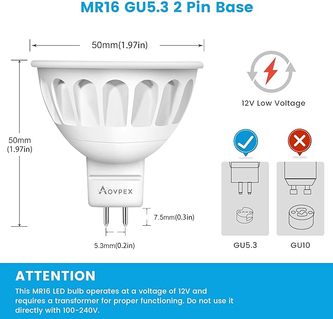 MR16 LED Bulbs, 5W(50W Halogen Equivalent) Landscape Light Bulbs, 2700K Warm White, GU5.3 Bi-Pin Base, 40° MR16 LED 12V Spotlight for Landscape Track Lighting, Non-Dimmable, 6 Pack