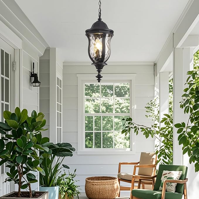 Large Outdoor Pendant Light Fixtures, 23.6'' Exterior Hanging Lantern Porch Light Adjustable, Black Hanging Lamp Farmhouse Exterior Chandelier Ceiling Mount for Entrance Patio