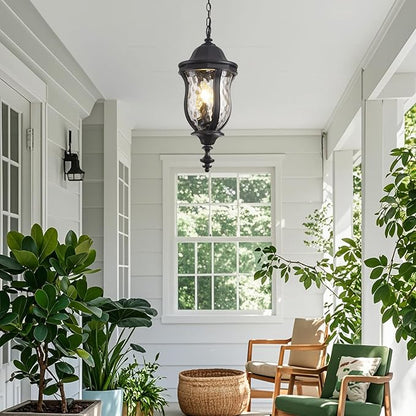 Large Outdoor Pendant Light Fixtures, 23.6'' Exterior Hanging Lantern Porch Light Adjustable, Black Hanging Lamp Farmhouse Exterior Chandelier Ceiling Mount for Entrance Patio