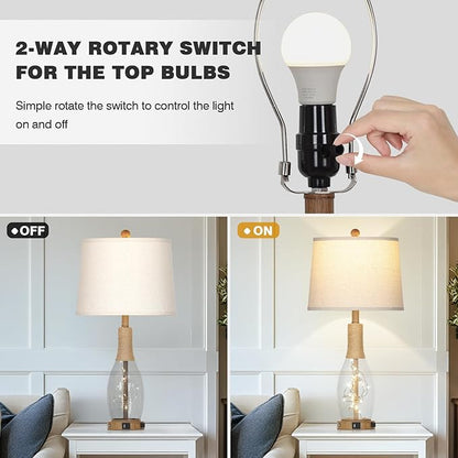 28" Coastal Table Lamps for Bedroom Set of 2, Farmhouse Glass Lamps with 3-Way Dimmable Touch Control Fairy Lights & Type-C Charging for Living Room Nightstand, Beach Nautical Bedside Lamp Rustic Wood