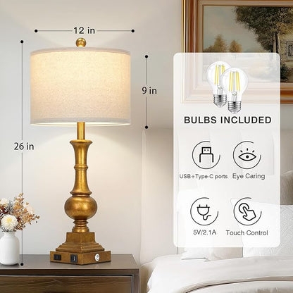 Farmhouse Table Lamps for Living Room, 26" Vintage Table Lamp Set of 2 with USB A+C Charging Ports & AC Outlets, Touch Control 3-Way Dimmable Rustic Bedside Nightstand Lamps for Bedroom Gold Brass
