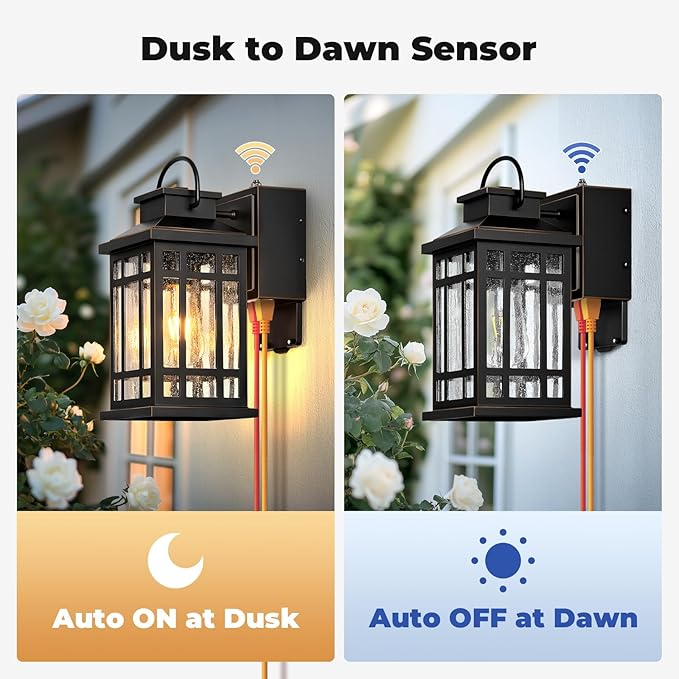 Exterior Lighting Fixtures with GFCI Outlet, Modern Black Outdoor Wall Light Fixture with Gold Trim, Dusk to Dawn Outside Lights for House, Garage, Garden, Porch, Hardwired, Easy-to-Install