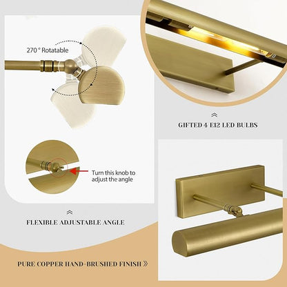 Brass Picture Lights for Wall, 30" Linear Picture Light Hardwired, 4-Light Brush Gold Art Light, Dimmable Gallery Light for Paintings, Warm White 270° Picture Frame Lights for Bathroom, Living Room