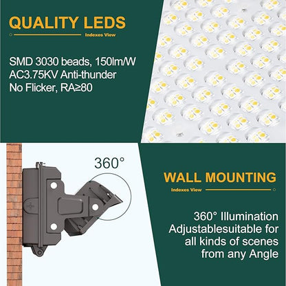 2Pack 120W LED Wall Pack Lights, 360° Adjustable Panel with Dusk to Dawn Photocell, 18000Lm 5000K Daylight, IP65 Waterproof & Advanced Heat Dissipation Outdoor Security Lighting