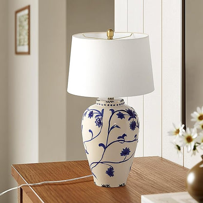 Tribesigns 27-Inch Table Lamp with Blue and White Porcelain Ginger Jar, Embossed Floral Ceramic Base with Fabric Shade for Living Room, Entryway, Nightstand for Bedroom