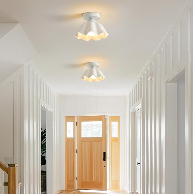 2 Pack Semi Flush Mount Ceiling Light - Flower Glaze Ceramic, White Vintage Hallway Light Fixtures, Milk Glass Ceiling Lights, Mid Century Small Light Fixture for Cottage Entryway Laundry Room Foyer