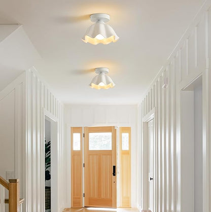 2 Pack Semi Flush Mount Ceiling Light - Flower Glaze Ceramic, White Vintage Hallway Light Fixtures, Milk Glass Ceiling Lights, Mid Century Small Light Fixture for Cottage Entryway Laundry Room Foyer