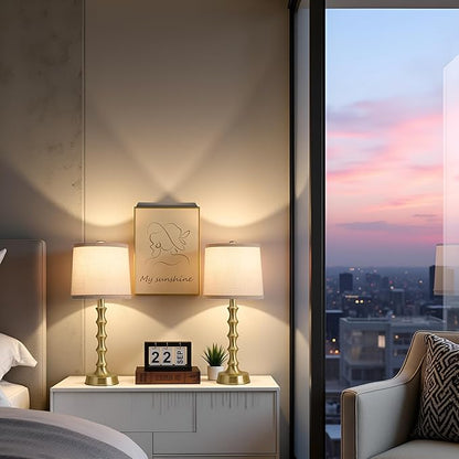 24" Gold Table Lamps Set of 2 with White Shade, Modern Small Bedroom & Nightstand Lights for Living Room & End Table