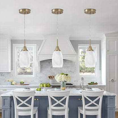 Mini Glass Pendant Light 3-Pack Handblown Art White Swirl Oval Hanging Pendant Lamp 4.72" Glass Chandelier for Kitchen Island Dining Room Living Foyer Hallway Entry Brushed Gold Finish