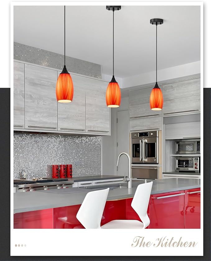 ANYLOVE Vintage Art Orange Pendant Lighting,3-Pack Hand Glass Hanging Light Fixture,Adjustable Cord for Kitchen,Hallway,Dining Room