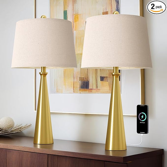 Oneach 25.75" Modern Table Lamp Set of 2, Bedside Lamps with USB Ports, Brass Gold Nightstand Lamps Set for Living Room Bedroom House Bedside Home Office Family