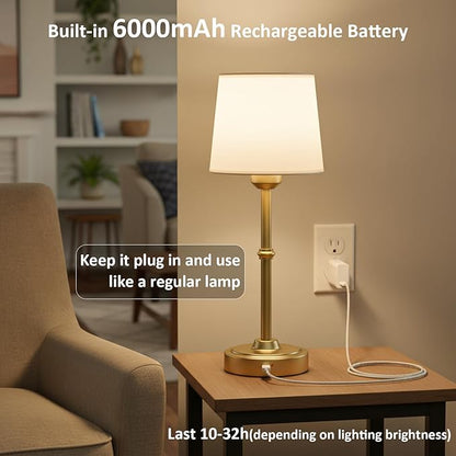 Small Bedside Table lamp for Bedroom, Cordless LED Desk Lamp with Fabric Shade, 6000mAh Rechargeable Battery Operated Lighting, 3000K Warm Ambient Light for Living Room/Restaurant/Bar/Nightstand