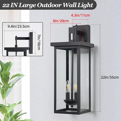 22 Inch Dusk to Dawn Outdoor Lighting,Large Porch Light Outdoor Light Fixture,2 Pack Outdoor Sconce Lights with E12 Base Waterproof 2-Light Black Exterior Lights for House Patio,Garage