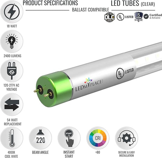 LEDMyplace 18W 4ft LED Glass Tube Hybrid Type A+B Works with or Without Ballast, 4000K Cool White, Clear Lens, Replacement of 50Watt, DLC Certified for Supermarket, Indoor, Shops, Pack of 30