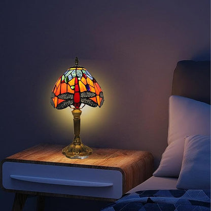8 inch Dragonfly Stained Glass Style Table lamp Vintage Small Blue Orange Multi-Colored Shade Light Home livingroom Bedroom Bedside Light Desk Decor Decoration 14.6" Tall