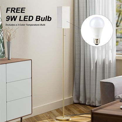 Gold Floor Lamps for Living Room Bedroom - 3 Color Temperature Modern Standing Lamps with Pull Chain Switch LED Bulb, Tall Lamp for Office Kids Room Reading Corner(Light Beige Shade)