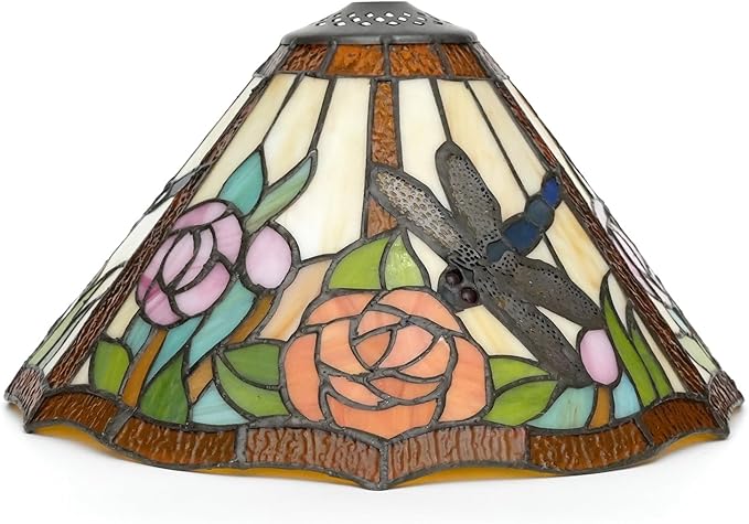 Tiffany Style Lamp Shade, 12 Inch Dragonfly Roses Stained Glass Lamp Shade Replacement Vintage Lamp Cover Accessories Fit for Table Lamp Pendant Light Ceiling Light