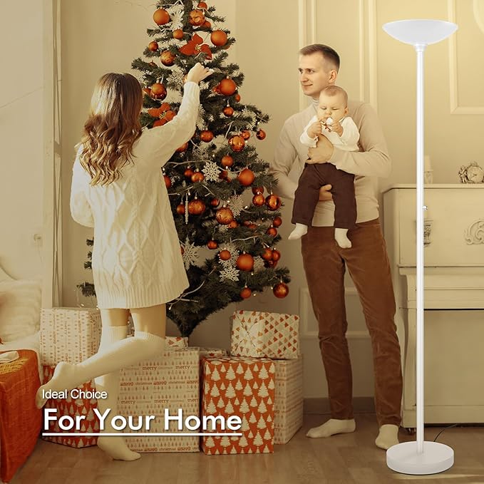 30W Torchiere Floor Lamp - 3600LM Super Bright LED Floor Lamp, 71 Inch Stepless Dimmable Standing Lamp with 3000K Lighting, Rotary Switch, Tall Metal Torch Floor lamps for Living Room/Bedroom (White)