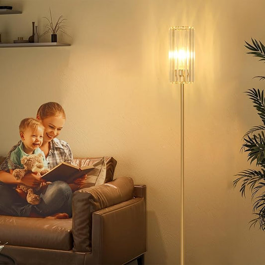 HMVPL Gold Floor Lamp for Living Room, Brass Pole Standing Lamp with K9 Crystal Shade, Modern Corner Standing Lamp for Bedroom with On/Off Switch, Elegant Crystal Tall Lamp for Office Kids Girls Room