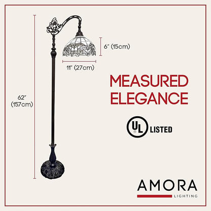 Amora Tiffany Floor Lamp - Arched, Stained Glass 62” - Traditional White Mahogany with Foot Switch Operation and Adjustable Lamp Shade - Custom Handcrafted Floor Lamps for Living Room