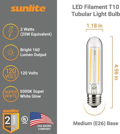 Sunlite LED Filament T10 Tubular Light Bulb, 2 Watts (25W Equivalent), 160 Lumens, Medium E26 Base, 120 Volts, Dimmable, 90 CRI, UL Listed, Clear, 5000K Daylight, 10 Pack