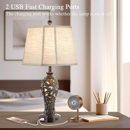 Set of 2 Farmhouse Table Lamps for Living Room, Rustic Vintage Nightstand Lamp with 2 USB Port, Bronze Resin Lamps for Bedroom End Table with Hollow Out Nightlight, 2 Bulbs Included