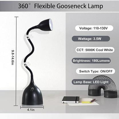 Desk Lamp for Home Office, LED Reading Light, Small Adjustable Flexible Gooseneck Table Lamp, Eye-Caring Desk Lamp for College Dorm Room Study Lamp, Black