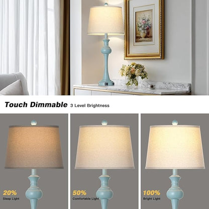 29" Coastal Table Lamp Set of 2, 3-Way Dimmable Touch-Control Bedside Lamps with USB-A+C Ports, Vintage Farmhouse Nightstand Lamps for Bedroom, Retro Blue (Includes 2 LED Bulbs)