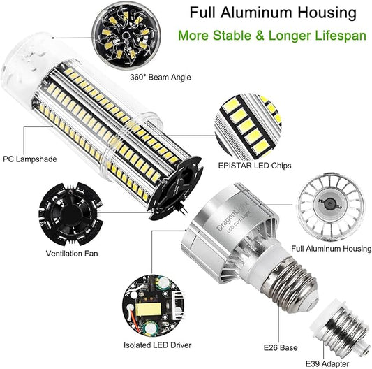 DragonLight 54W Corn LED Light Bulb (400 Watt Equivalent) E26/E39 Large Mogul Base LED Lamp 6000K Daylight 6,500LM
