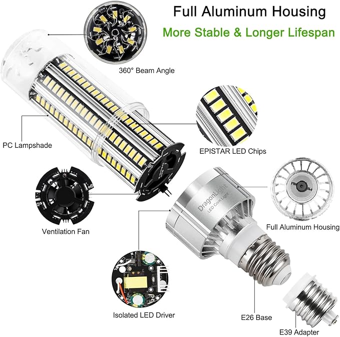 DragonLight 50W Corn LED Light Bulb (350 Watt Equivalent) E26/E39 Large Mogul Base LED Lamp 6000K Daylight 6,000 LM