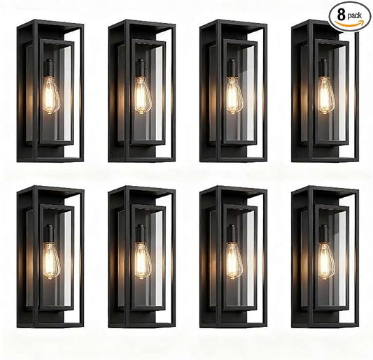 8Pack 18inch Outdoor Wall Light Fixtures, Exterior Waterproof Modern Matte Black Wall Lamps with Glass Shades,E26 Sockets Porch Light for Front Door Patio Entryway