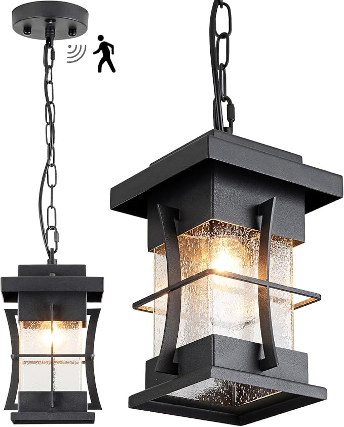 Motion Outdoor Pendant Light Fixture with Dusk to Dawn Sensor Exterior Hanging Lantern with Adjustable Chain Black with Seeded Glass Outside Lights for House Patio Front Porch Lighting