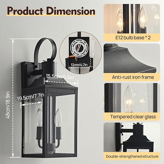 18.9" Black Outdoor Wall Sconce, 2-Light Industrial Porch Light with Clear Glass, Weather-Resistant Farmhouse Lighting Fixture for Porch, Patio,Garage Modern Wall Mount Exterior Lamp (1 Pack)