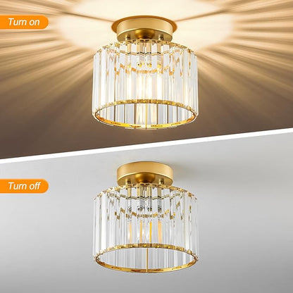Crystal Gold Semi Flush Mount Ceiling Light, Modern Hallway Light Fixture, Metal Close to Lamp for Bathroom Entryway Bedroom Kitchen(8.66 inch)