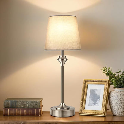 NIORSUN Portables Cordless Table Lamp,Flaxen Fabric Shade Battery Operated Lamp,5200mAh Bedside Table Lamp with Warm White,3 Way Dimmable Touch Desk Lamp for Bedroom Living Room Restaurant (Silver)