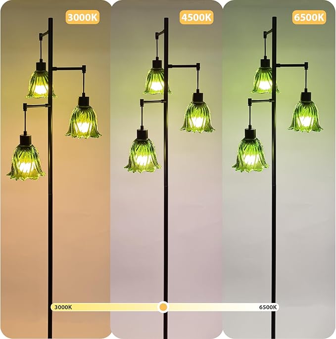 Mid-Century Modern Floor Lamp with Green Flower Glass Shade - Vintage Brass Tree Standing Light for Living Room, Bedroom, Reading Book - Farmhouse, Bohemian, Boho Chic Home Decor