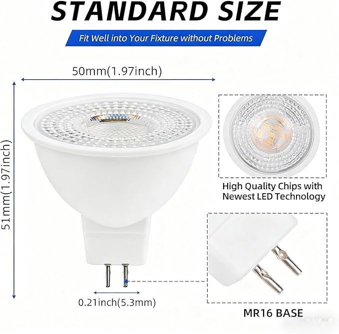 MR16 LED Bulb 50W Halogen Equivalent,3000K Warm White,5W MR16 GU5.3 12-36V AC&DC Spotlight Bulb,38° Beam Angle for Landscape,NO-Dimmable,12-Pack.