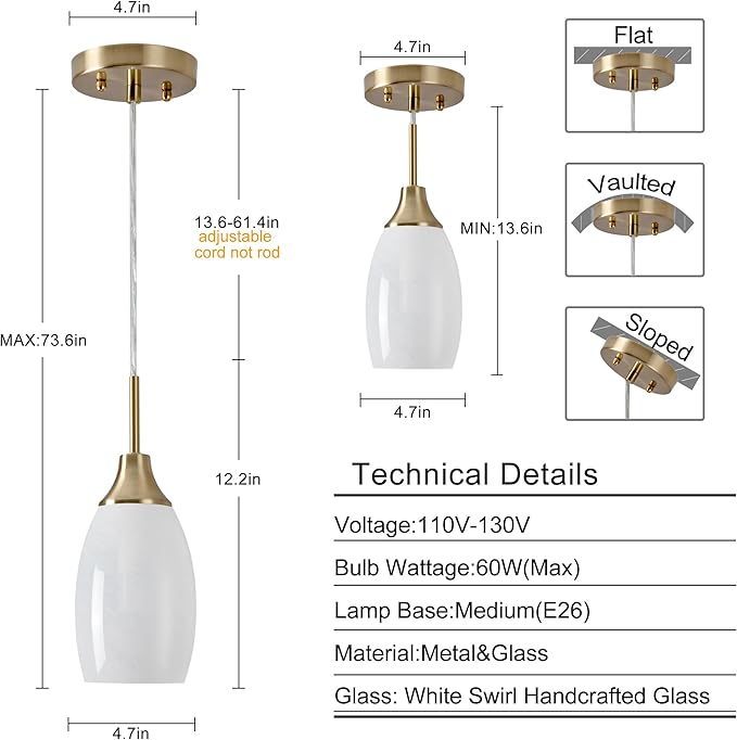 Mini Glass Pendant Light 3-Pack Handblown Art White Swirl Oval Hanging Pendant Lamp 4.72" Glass Chandelier for Kitchen Island Dining Room Living Foyer Hallway Entry Brushed Gold Finish