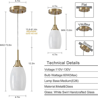 Mini Glass Pendant Light 3-Pack Handblown Art White Swirl Oval Hanging Pendant Lamp 4.72" Glass Chandelier for Kitchen Island Dining Room Living Foyer Hallway Entry Brushed Gold Finish