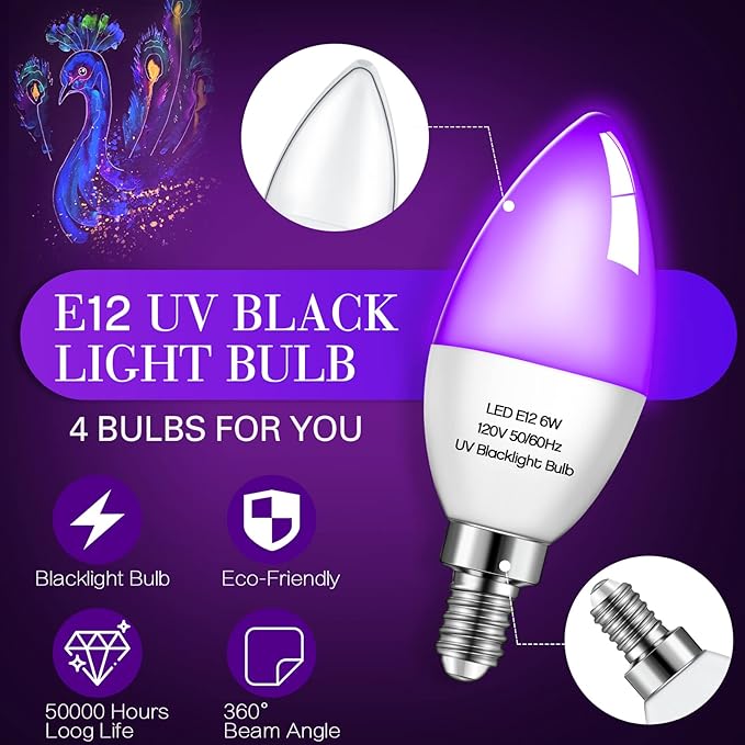 Qualirey 4 Pieces LED Black Light Bulb 6w E12 Base Blacklight Candle Bulb Glow in The Dark Party Level 395-400 Nm Halloween Black Lights for Home Stage DJ Disco, Body Paint, Neon Fluorescent Poster