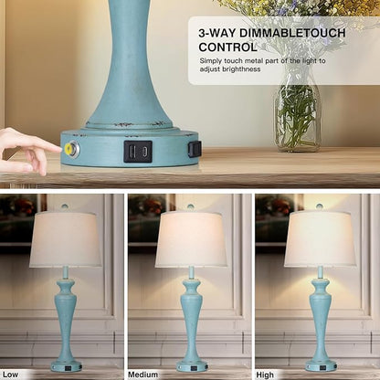 30" Blue Table Lamps Set of 2, Touch Control Coastal Living Room Lamp with USB A+C Ports and AC Outlet, 3-Way Bedside Lamps for Nightstand, Vintage Farmhouse Bedroom Lamp, 2 Bulbs Included