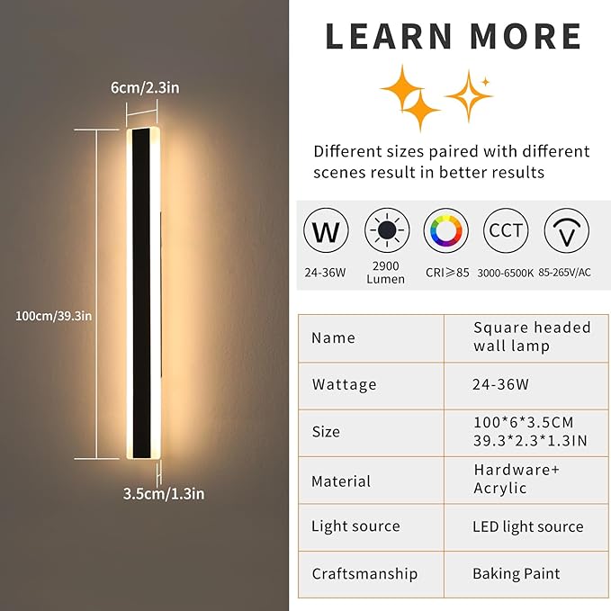 Mikeru 2pack 39inch Outdoor Wall Light Fixtures, 10%-100% Dimmable Outdoor Wall Lights Exterior Front Porch Light 3000-6000k Wall Mounted Led Lighting for Basement, Shop,Garage Lighting