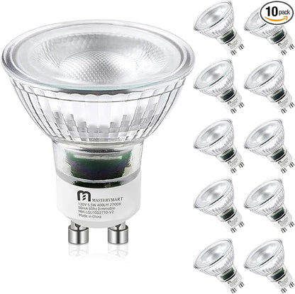 MASTERY MART Dimmable GU10 LED Light Bulbs, 5.5W Bright 2700K Soft White 50W Halogen Equivalent, 400lm Energy Saver for Track Lighting Fixture, Kitchen, Basement, Living Room, 25000 Hours, 10 Pack