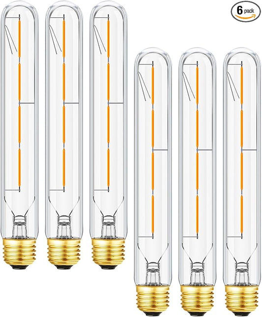 T10 Led Bulbs 4W Dimmable E26 Tubular Bulb Equal 40 Watt E26 Long Tube Light Bulb 8.9Inches 2700K Warm White Edison Style Vintage Led Bulb,6-Pack.